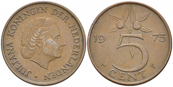 Нидерланды 5 центов 1975 Юлиана (1949-1980) KM 181 бронза 214-828