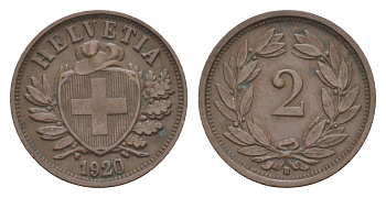 Швейцария 2 раппена 1920 B, редкий год KM 4 бронза 1518-821