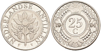 Нидерландские Антилы 25 центов 1994 Беатрикс (1980-2013) KM 35 никелированная сталь 3334-553