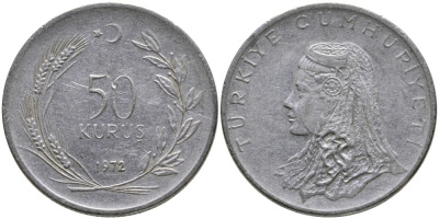 Турция 50 курушей 1972 Анатолийская невеста KM 899 нержавеющая сталь 4541-751