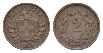 Швейцария 2 раппена 1920 B, редкий год KM 4 бронза 1518-821