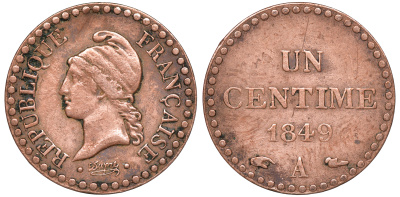 Франция 1 сантим 1849 А, вторая Республика (1848-1852) KM 754, Le Franc 101.2 бронза 4169-141