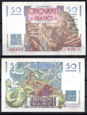 Франция 50 франков 1947 Pick 127 b бумага 7198-9-3-2