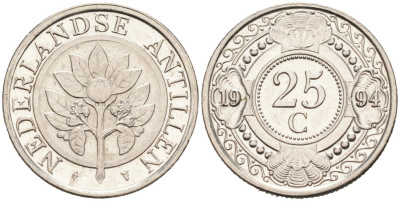 Нидерландские Антилы 25 центов 1994 Беатрикс (1980-2013) KM 35 никелированная сталь 3334-553