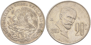 Мексика 20 сентаво 1981 Франциско Индалеси KM 442 медно-никель 4541-543
