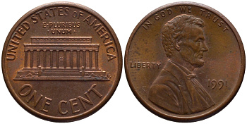 США 1 ЦЕНТ 1991 ЛИНКОЛЬН KM 201b цинк плакированный медью 66-1043