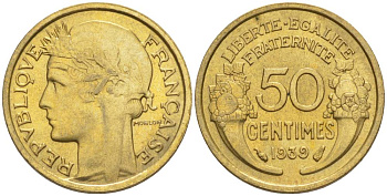 ФРАНЦИЯ 50 САНТИМОВ 1939 ТИП MORLON KM 894.1, LE FRANC 192.15 алюминиевая бронза 44-812