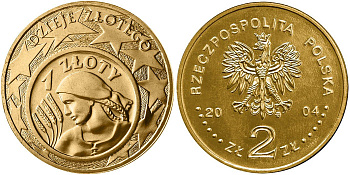 Польша 2 злотых 2004 MW, история злотого, монета на монете KM 479 нордик UNC 4448-524