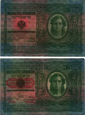 Австрия 100 крон 1912 (1919) красная надпечатка на Pick 12, на аверсе Pick 56 a бумага 7487-71-2