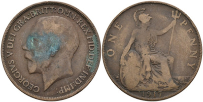 Великобритания 1 пенни 1917 Георг V (1910-1936) KM 810, Spink 4051 бронза 4572-1223