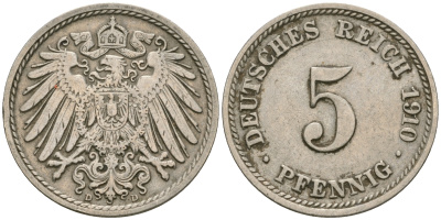 Германия 5 пфеннигов 1910 D, KM 11, J. 12 медно-никель 4608-933