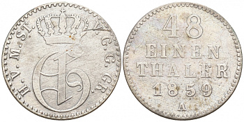 Мекленбург-Стрелиц 1/48 талера 1859 А, Фридрих Франц II (1842-1883) Jaeger 117, AKS 66, KM 91 серебро 73-211