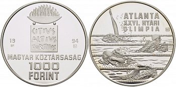 Венгрия 1000 форинтов 1994 XXVI Олимпийские игры в Атланте, плавание KM 712 серебро PROOF 1081-5-43