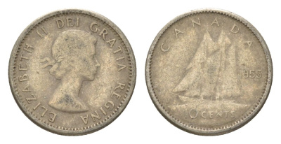 Канада 10 центов 1955 Елизавета II (1952-2022), парусник KM 51 серебро     4623-869
