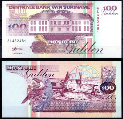 Суринам 100 гульденов 1998 Pick 139 бумага UNC (пресс) 8615-52-1-1
