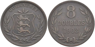 Гернси 8 даблов (дублей) 1902 KM 7 бронза 3996-532