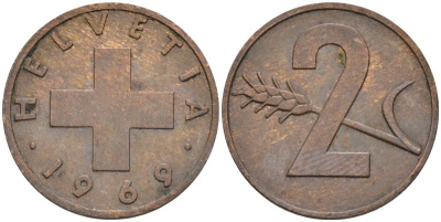 Швейцария 2 раппена 1969 KM 47 бронза 4592-557