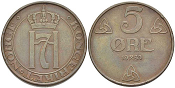 НОРВЕГИЯ 5 ЭРЕ 1939 ХОКОН VII (1905-1957) KM 368 бронза 115-814