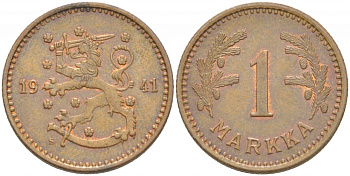 ФИНЛЯНДИЯ 1 МАРКА 1941 S KM 30а медь 4523-213