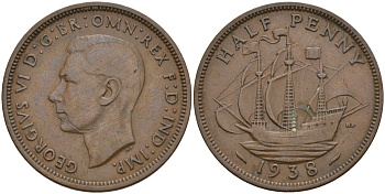 Великобритания 1/2 пенни 1938 Георг VI (1936-1952) KM 844, Spink 4115 бронза 4153-821