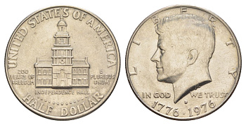 США 1/2 доллара (50 центов) 1976 D, 200 лет независимости, Джон Кеннеди KM 205 медь плакированная медно-никелем aUNC 4545-531