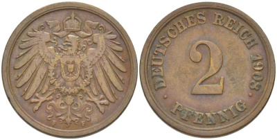 ГЕРМАНИЯ 2 ПФЕННИГА 1908 F KM 16, J. 11, Weege 4 медь 206-544