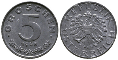 АВСТРИЯ 5 ГРОШЕЙ 1968 KM 2875 цинк UNC 57-1167
