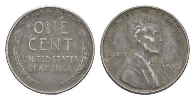 США 1 цент 1943 KM 132a сталь плакированная цинком 4644-559