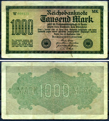Германия 1000 марок 1922 выпуск 15 сентября 1922, водяной знак G, белая бумага, серия MK, буква W Pick 76 e (1) бумага 8592-16-2-2