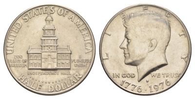 США 1/2 доллара (50 центов) 1976 D, 200 лет независимости, Джон Кеннеди KM 205 медь плакированная медно-никелем aUNC 4545-531