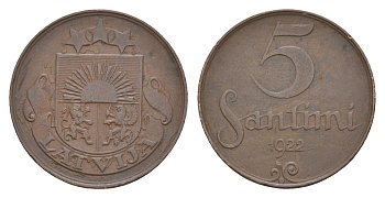 Латвия 5 сантимов 1922 KM 3 бронза 4658-1164