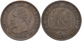 ФРАНЦИЯ 5 САНТИМОВ 1853 А, НАПОЛЕОН III (1852-1870) KM 777.1, LE FRANC 116.1 бронза 28-653