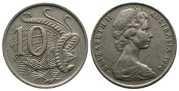 Австралия 10 центов 1970 Елизавета II (1952-), птица лирахвост KM 65 медно-никель 89-1452