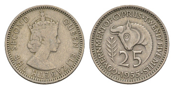 Кипр 25 милей 1955 Елизавета II (1952-2022) KM 35 медно-никель 4649-1165
