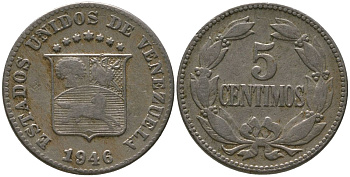 Венесуэла 5 сентимо 1946 KM 29a медно-никель 4576-611