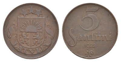 Латвия 5 сантимов 1922 KM 3 бронза 4658-1164