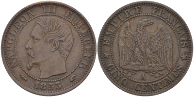 ФРАНЦИЯ 5 САНТИМОВ 1853 А, НАПОЛЕОН III (1852-1870) KM 777.1, LE FRANC 116.1 бронза 28-653