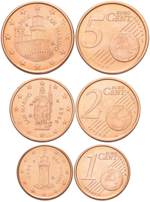 Сан-Марино лот из 3 монет 2006 1,2 и 5 евроцентов сталь плакированная медью UNC 4681-155-157