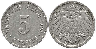 ГЕРМАНИЯ 5 ПФЕННИГОВ 1903 J KM 11, J. 12 медно-никель 39-765