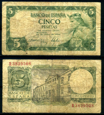 Испания 5 песет 1954 Альфонсо X, король Кастилии и Леона, дворец библиотек и музеев, Мадрид Pick 146 a бумага 7207-49-3-2