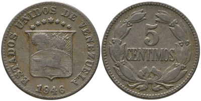 Венесуэла 5 сентимо 1946 KM 29a медно-никель 4576-611