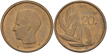 БЕЛЬГИЯ 20 ФРАНКОВ 1981 BELGIE KM 160 никель бронза 67-636