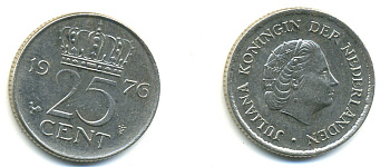 НИДЕРЛАНДЫ 25 ЦЕНТОВ 1976 ЮЛИАНА KM 183 никель 83-1025