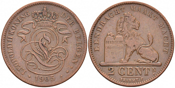 БЕЛЬГИЯ 2 САНТИМА 1905 BELGEN KM 36 медь 110-155