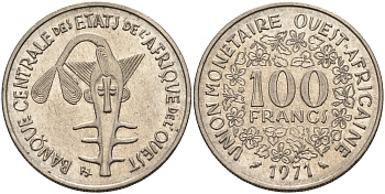 Валютное сообщество стран Западной Африки 100 франков 1971  KM 4 никель    4595-747