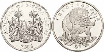 Сьерра-Леоне 1 доллар 2006 серия динозавры, трицератопс KM 310 медно-никель UNC M20-3