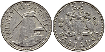 Барбадос 25 центов 1981 ветряная мельница Моргана Льюиса KM 13 медно-никель 4398-417