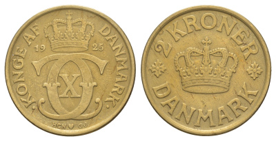 Дания 2 кроны 1925 HCN; GJ, Кристиан X (1912-1947) KM 825 алюминиевая бронза 114-543