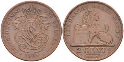БЕЛЬГИЯ 2 САНТИМА 1905 BELGEN KM 36 медь 110-155