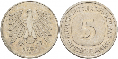 ФРГ 5 марок 1982 F, KM 140.1, J. 415 медно-никель плакированный никелем 3851-534